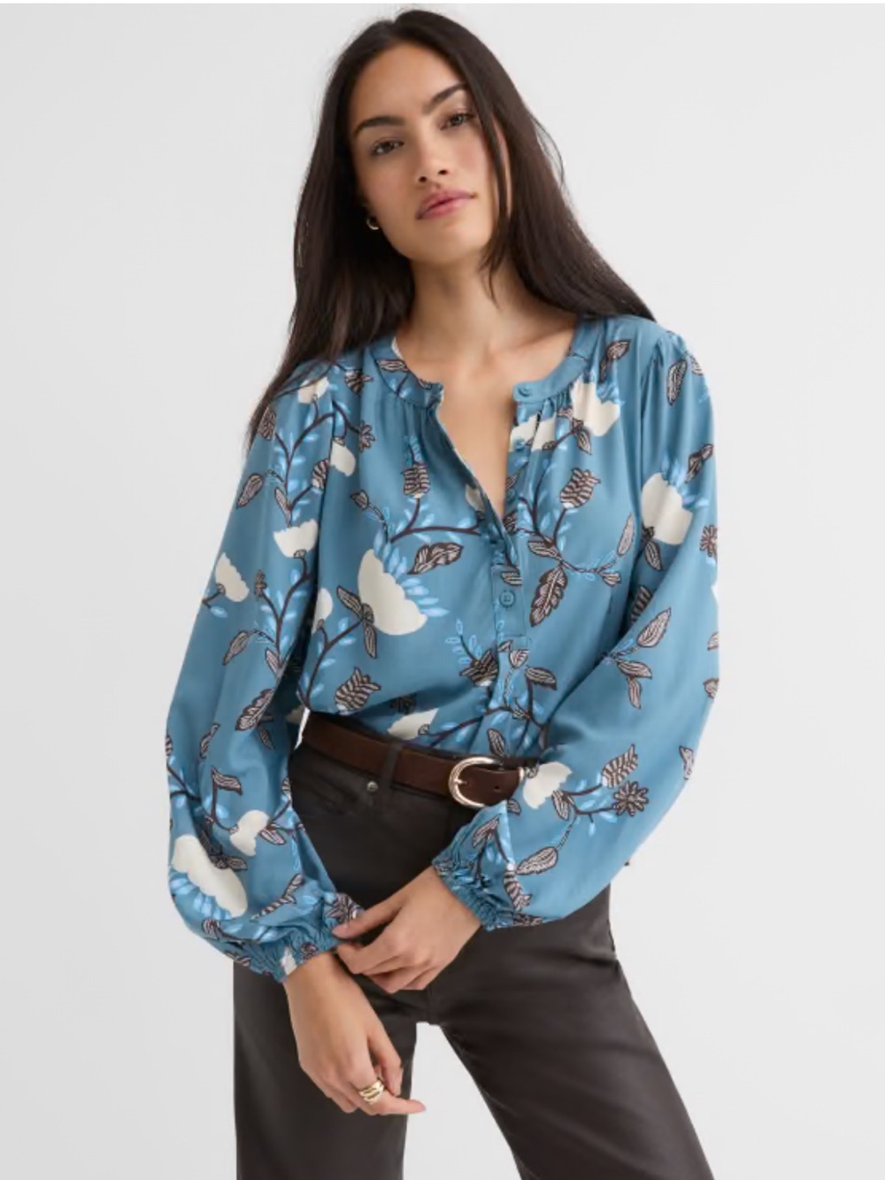 LOFT Garland Shirred Henley Blouse